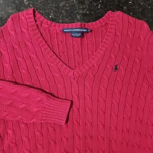 Polo Ralph Lauren Cable Knit V Neck Sweater Womens XL Red Preppy Casual Outdoor